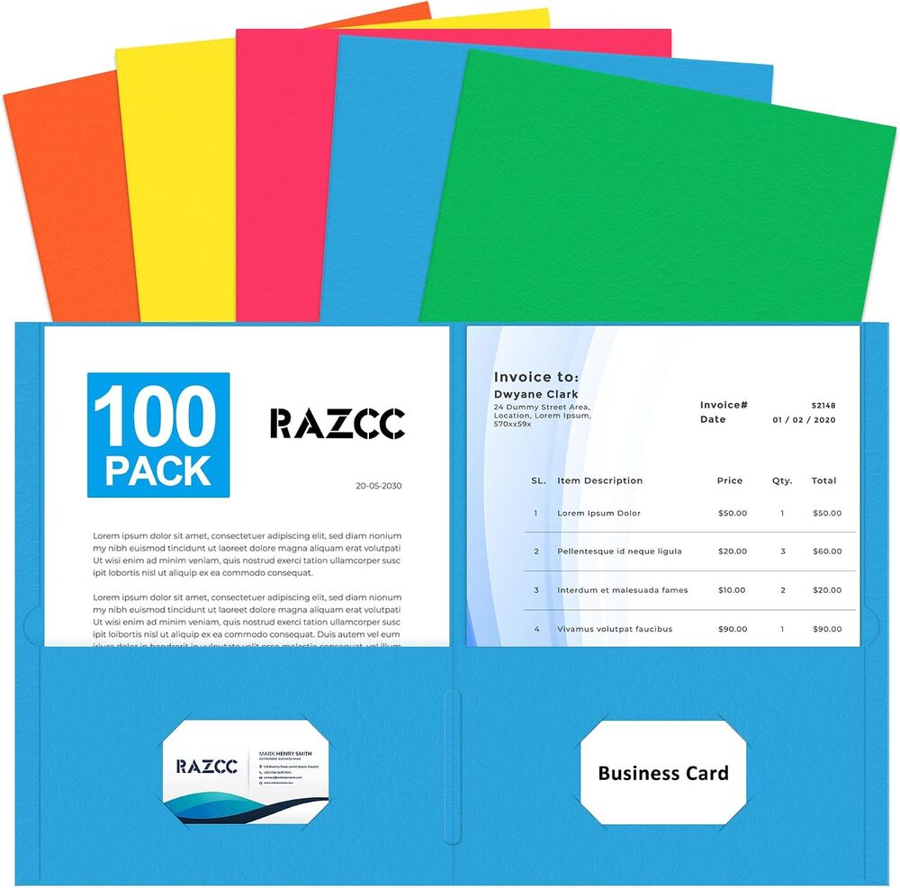 Two Pocket Folders, 100 Pack with Pockets Fit Letter Size Paper, 5 Colors